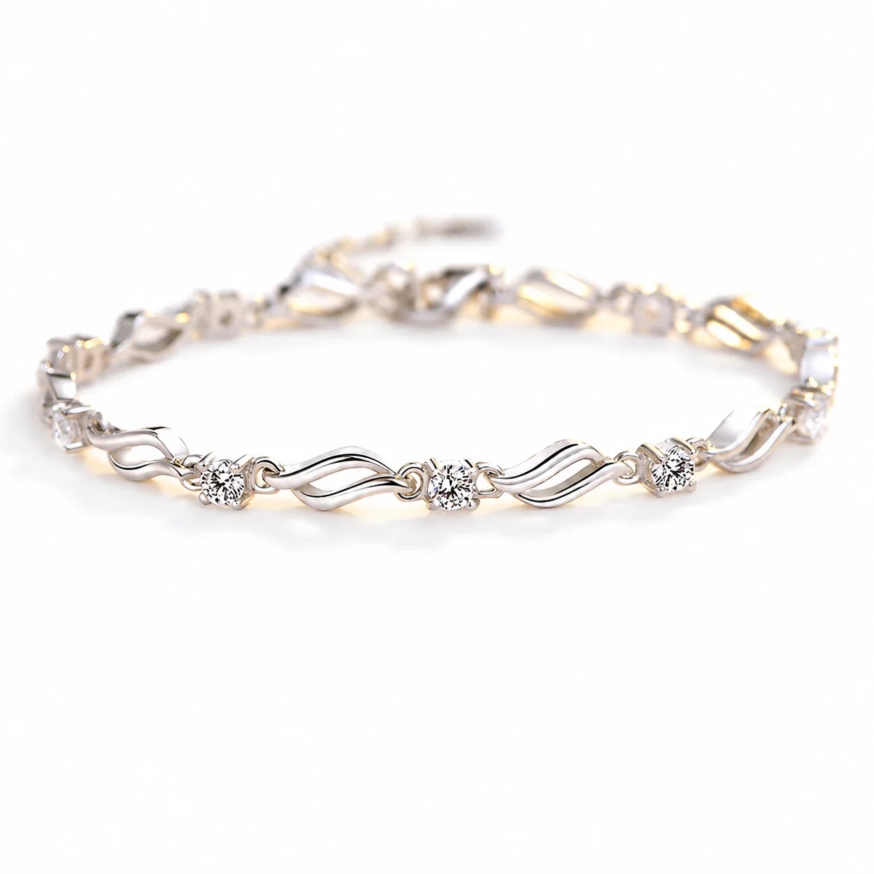 Twisted-Link Round CZ White Gold-Plated 925 Sterling Silver Bracelet - Silver Clear CZ