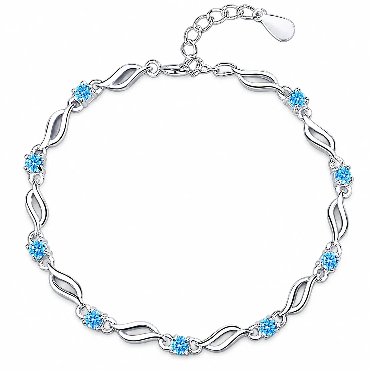 Twisted-Link Round CZ White Gold-Plated 925 Sterling Silver Bracelet - Silver Blue CZ
