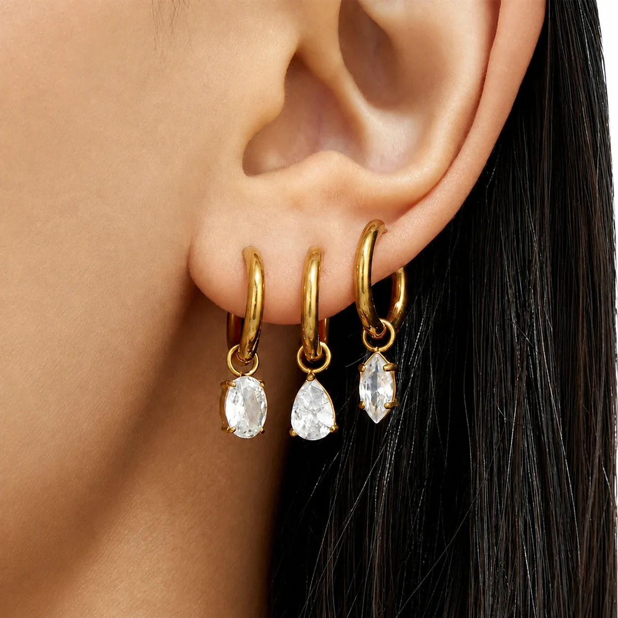 Luminous 18K Gold PVD Oval Teardrop CZ Hoop Earrings