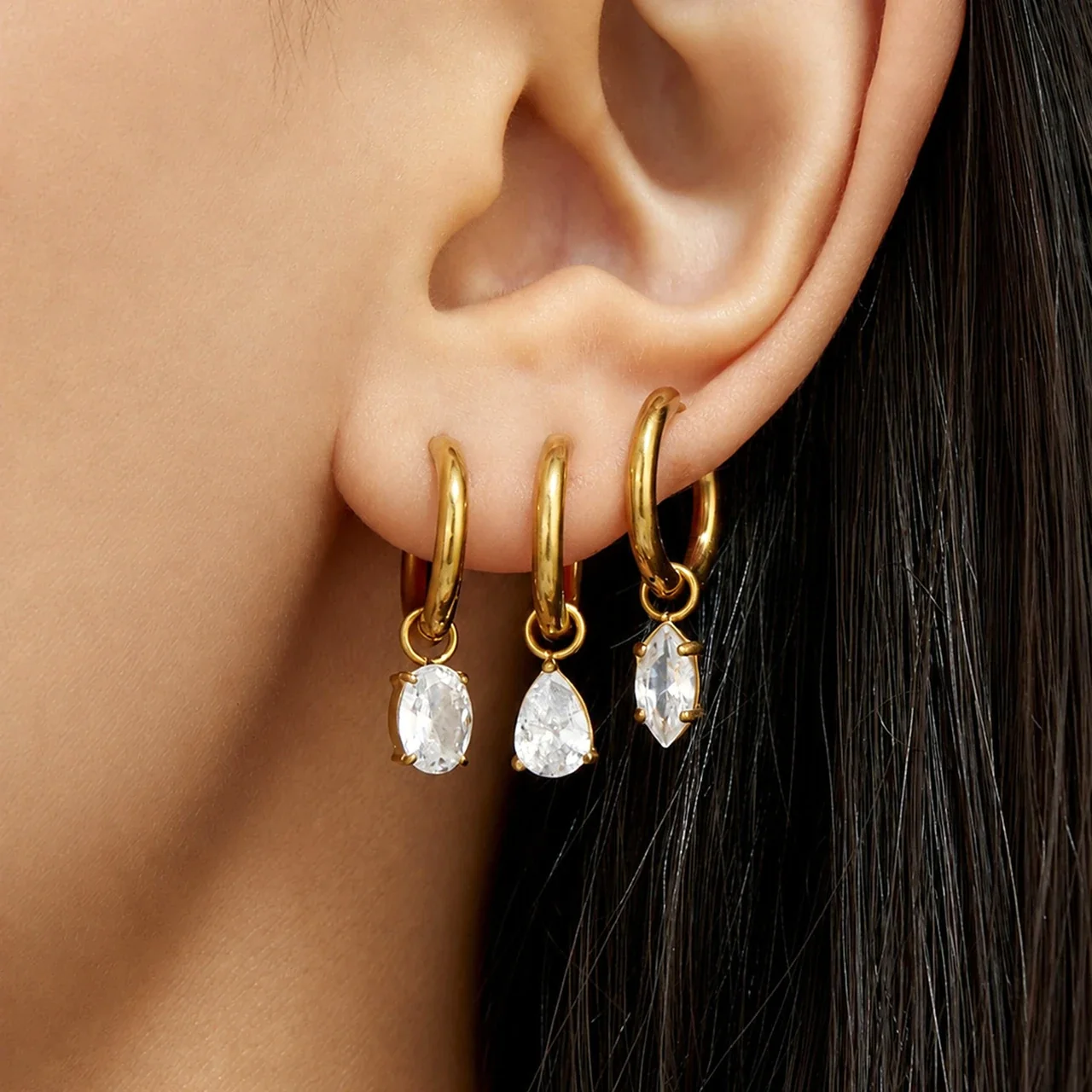Luminous 18K Gold PVD Oval Teardrop CZ Hoop Earrings