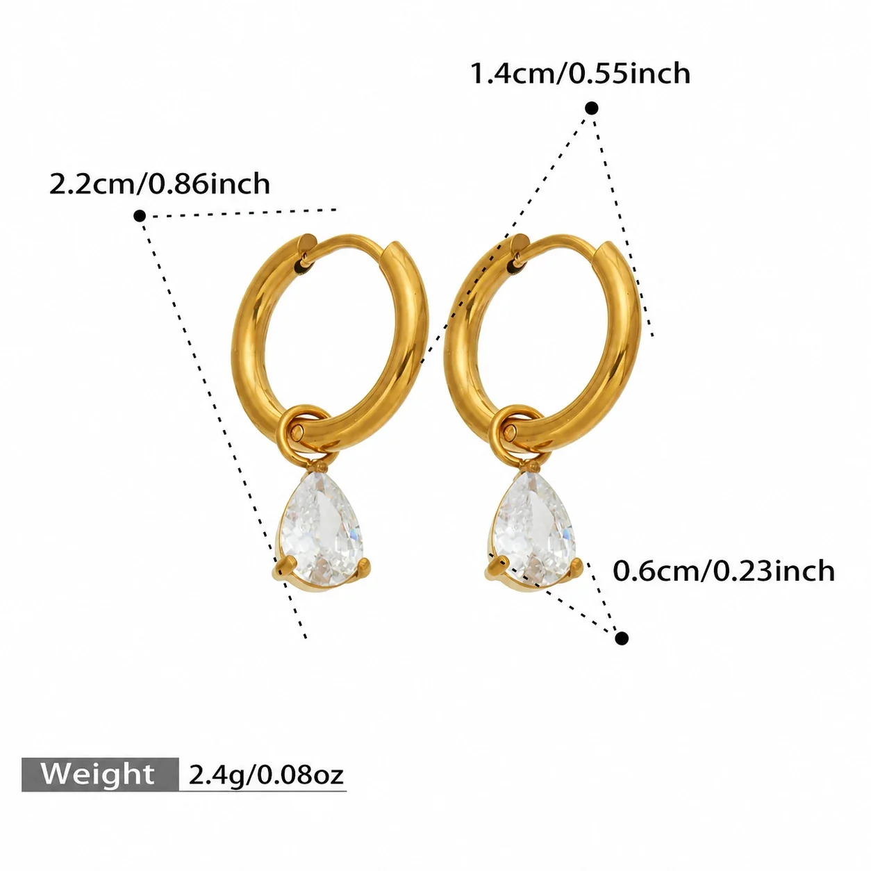 Luminous 18K Gold PVD Oval Teardrop CZ Hoop Earrings - Gold Teardrop CZ Hoop
