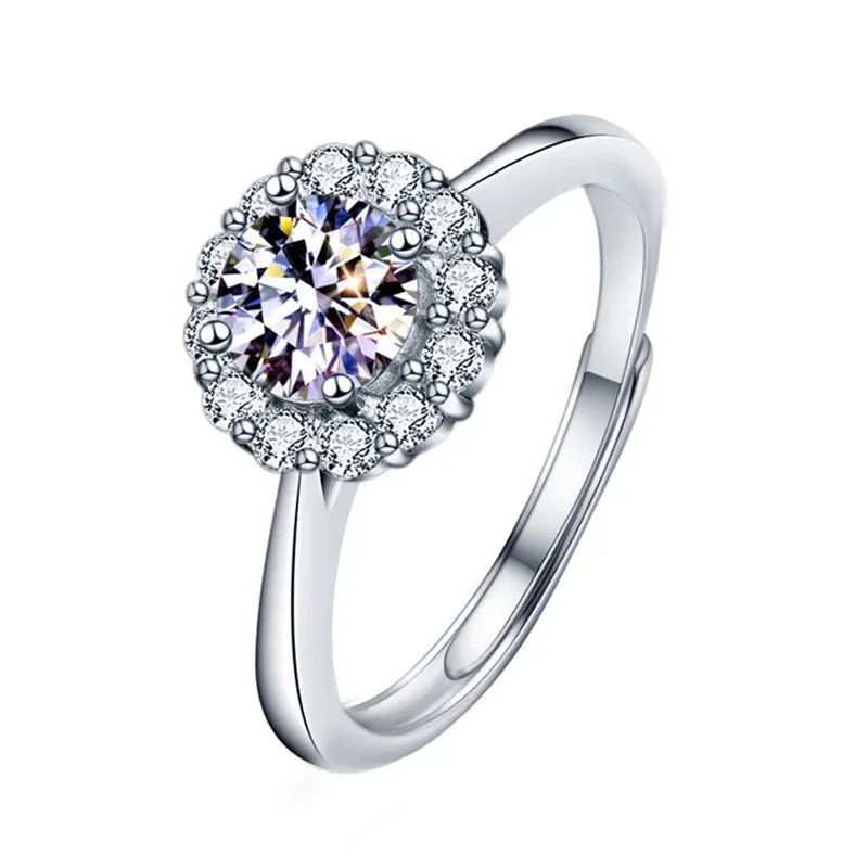 Floral 925 Sterling Silver Round Halo Moissanite Ring