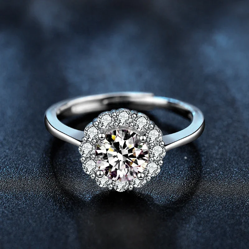 Floral 925 Sterling Silver Round Halo Moissanite Ring