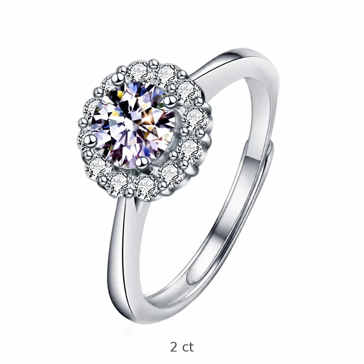 Floral 925 Sterling Silver Round Halo Moissanite Ring - 2 ct White Moissanite