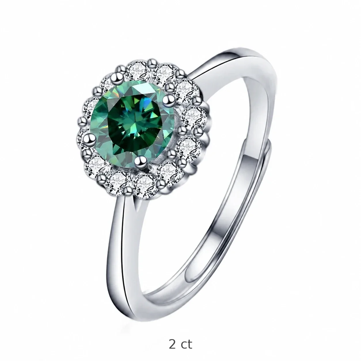 Floral 925 Sterling Silver Round Halo Moissanite Ring - 2 ct Green Moissanite