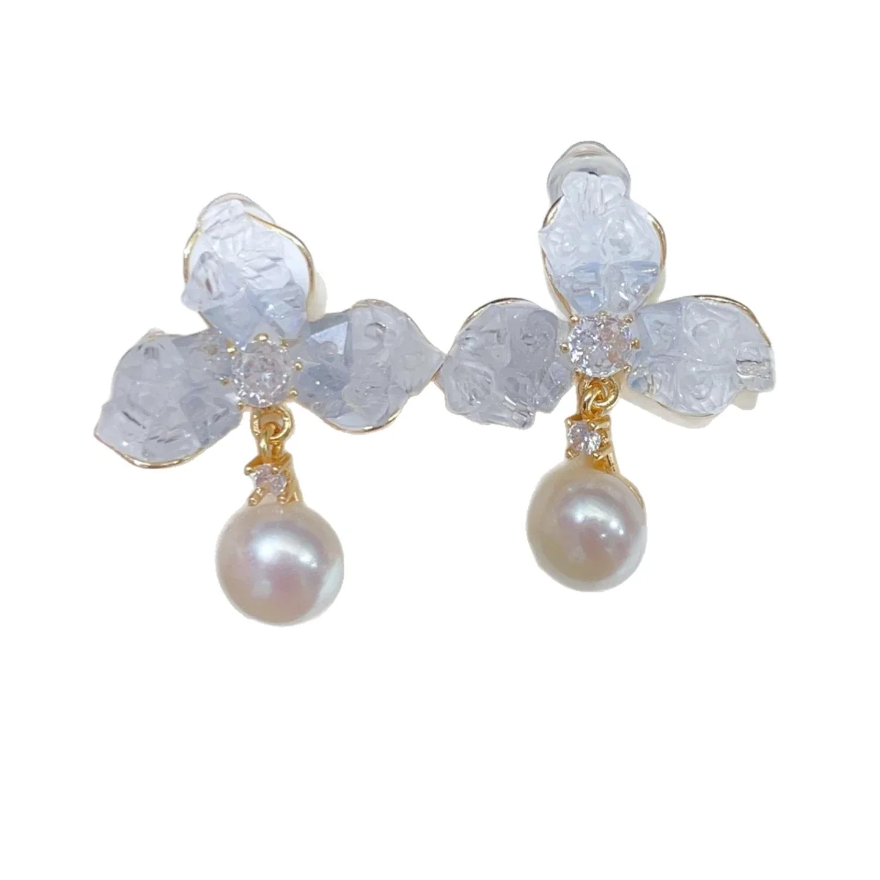 Icy Floral Gold-Plated Petal Freshwater Pearl Drop Earrings