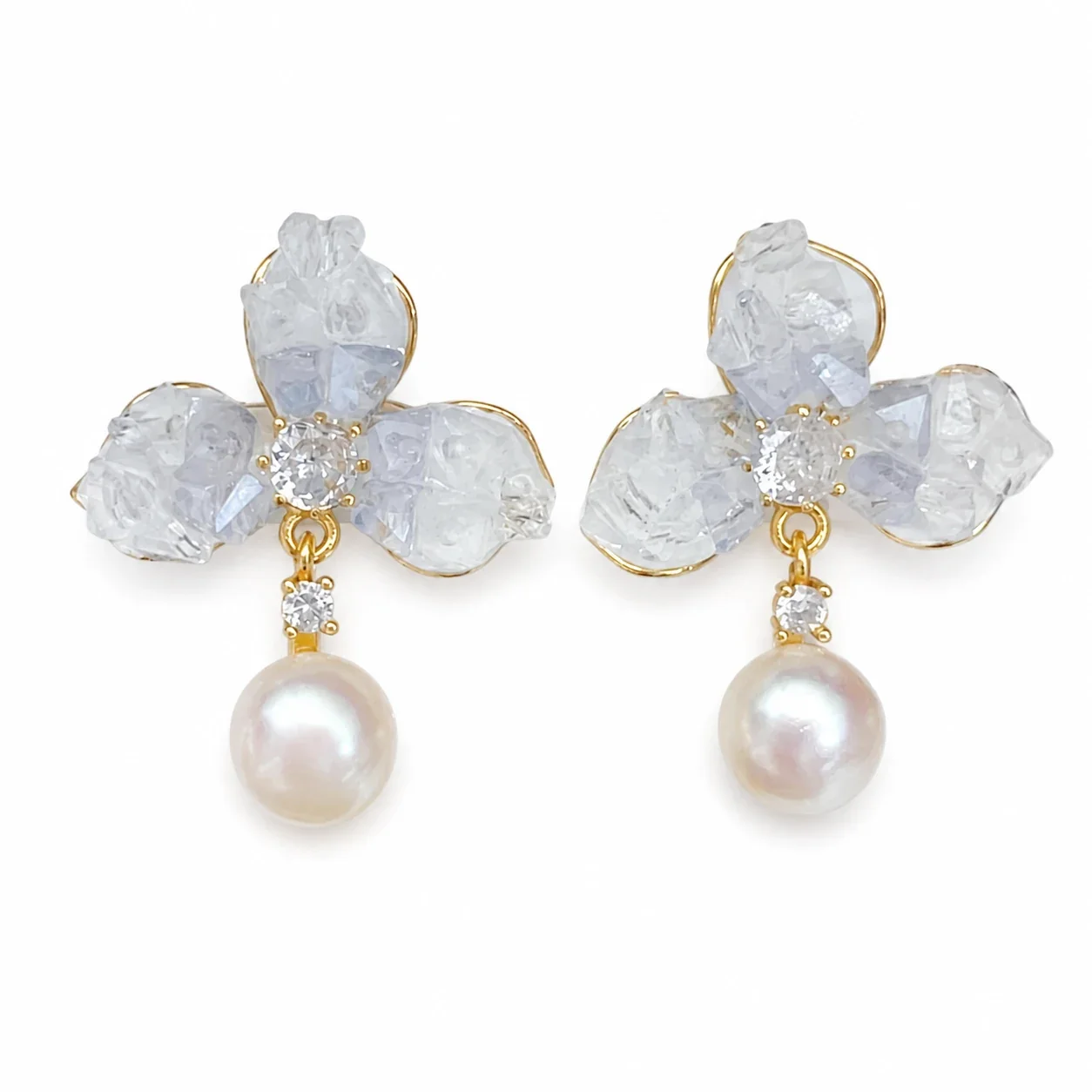Icy Floral Gold-Plated Petal Freshwater Pearl Drop Earrings