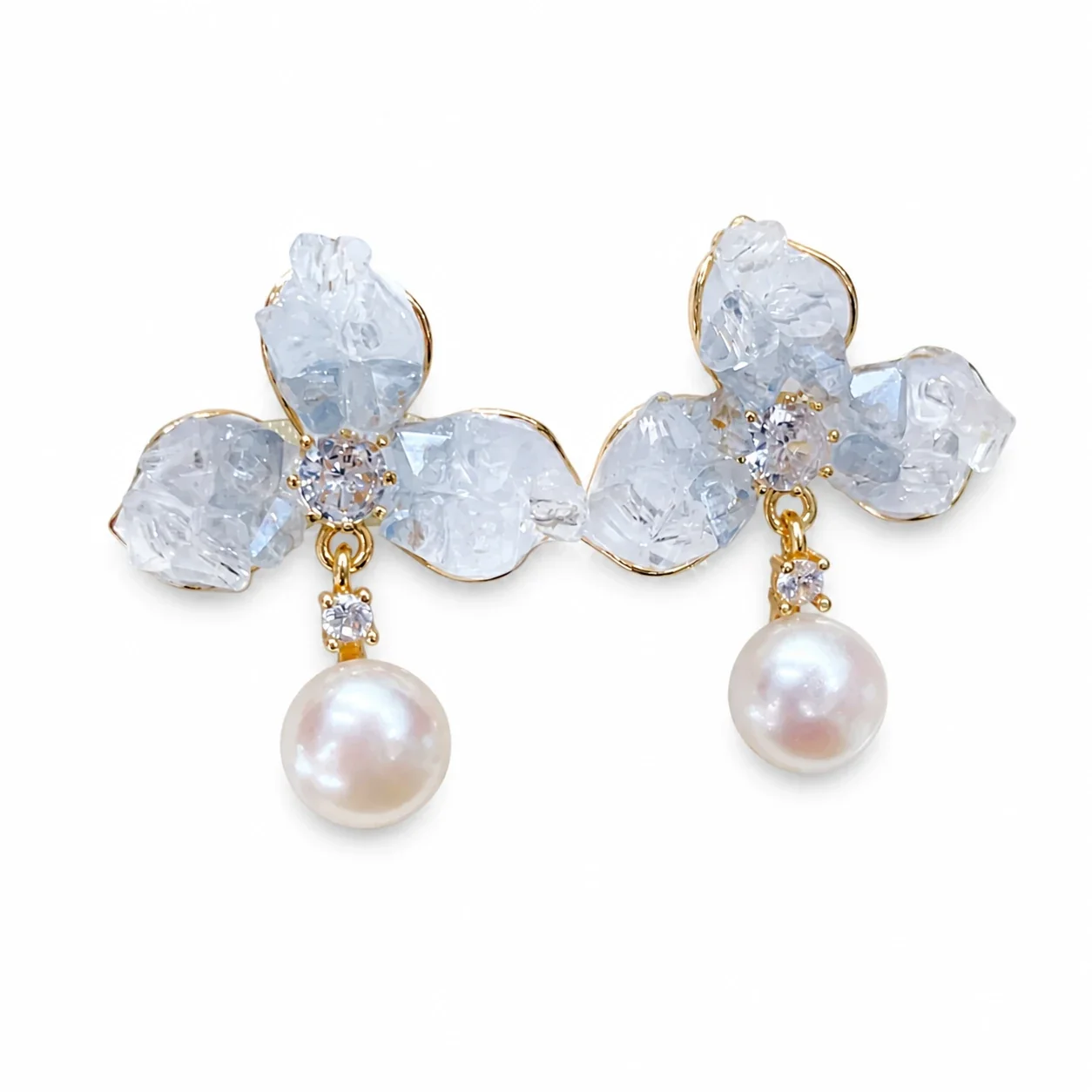 Icy Floral Gold-Plated Petal Freshwater Pearl Drop Earrings