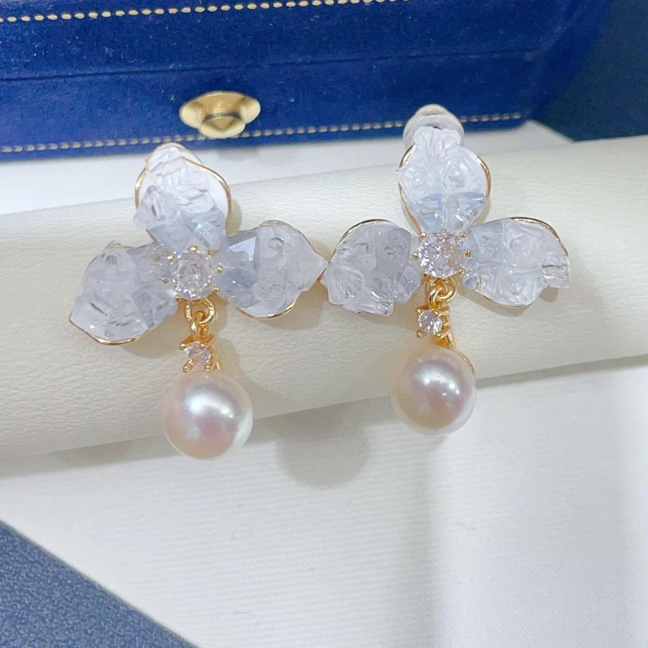 Icy Floral Gold-Plated Petal Freshwater Pearl Drop Earrings