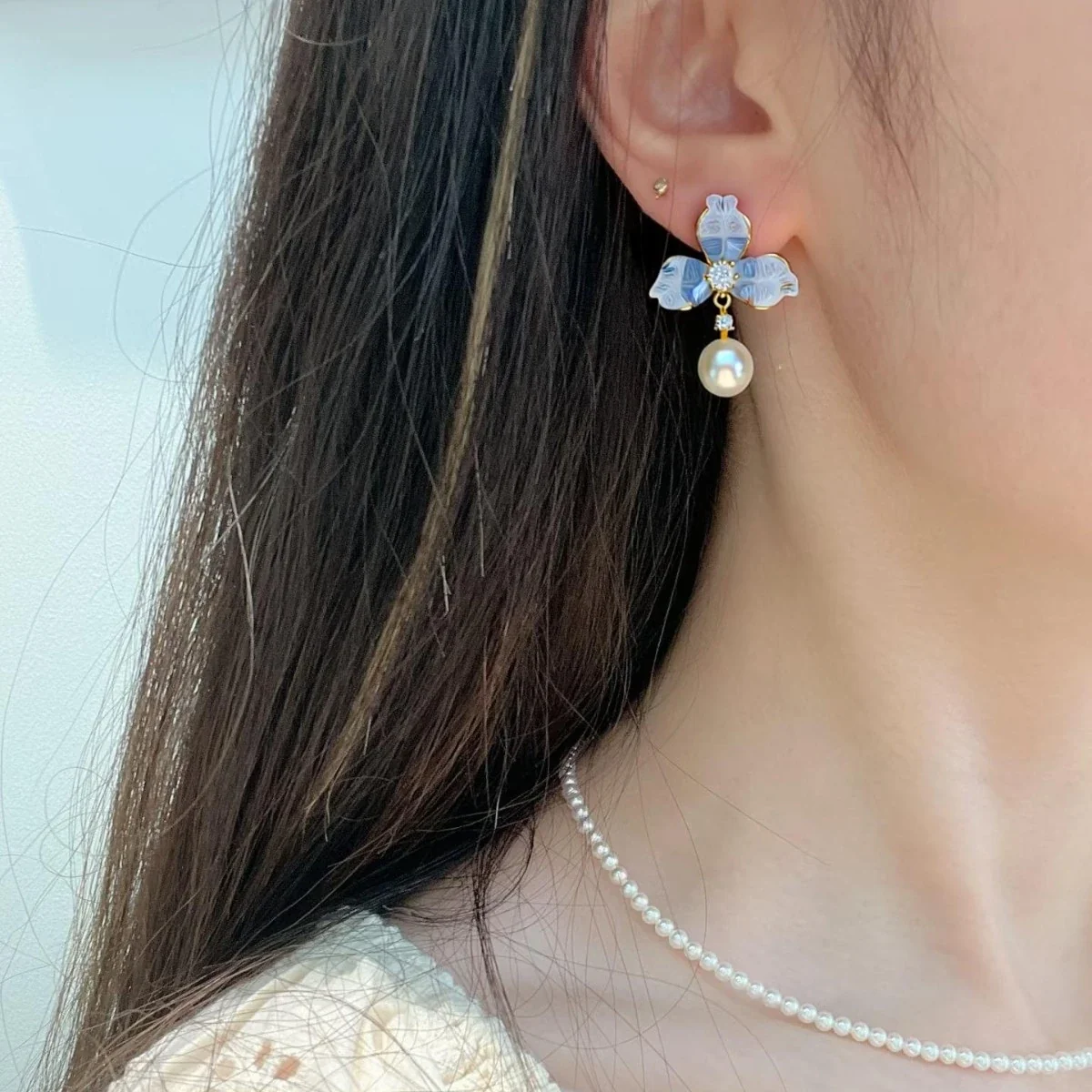 Icy Floral Gold-Plated Petal Freshwater Pearl Drop Earrings