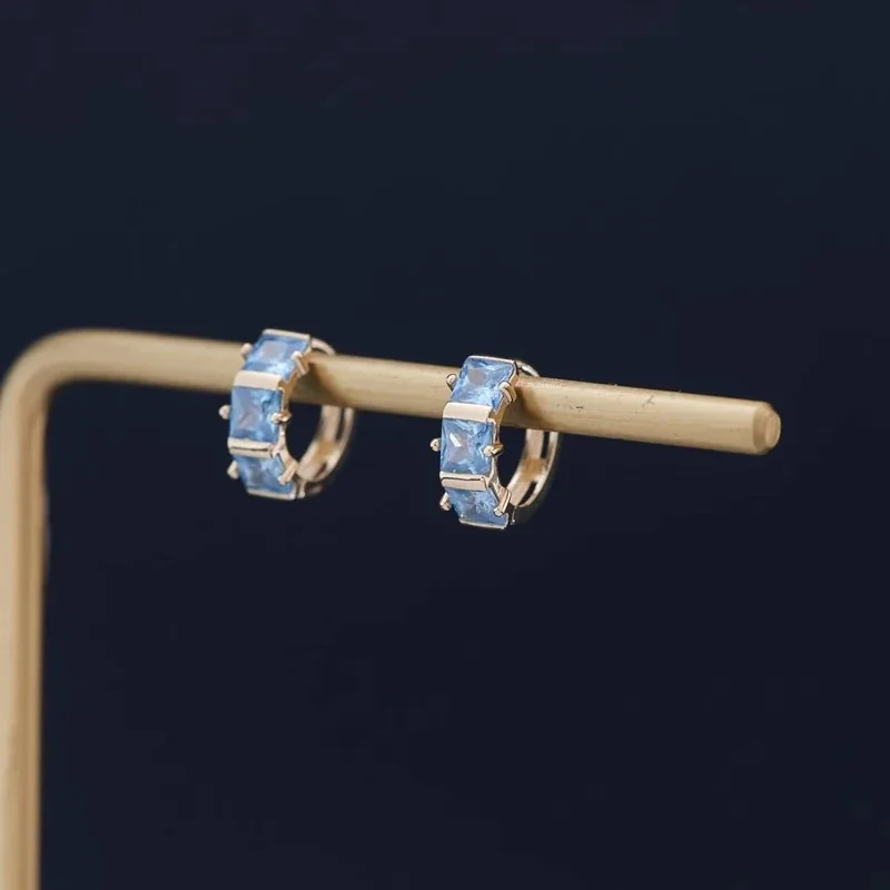 Geometric 925 Sterling Silver Blue Square Stone Hoop Earrings