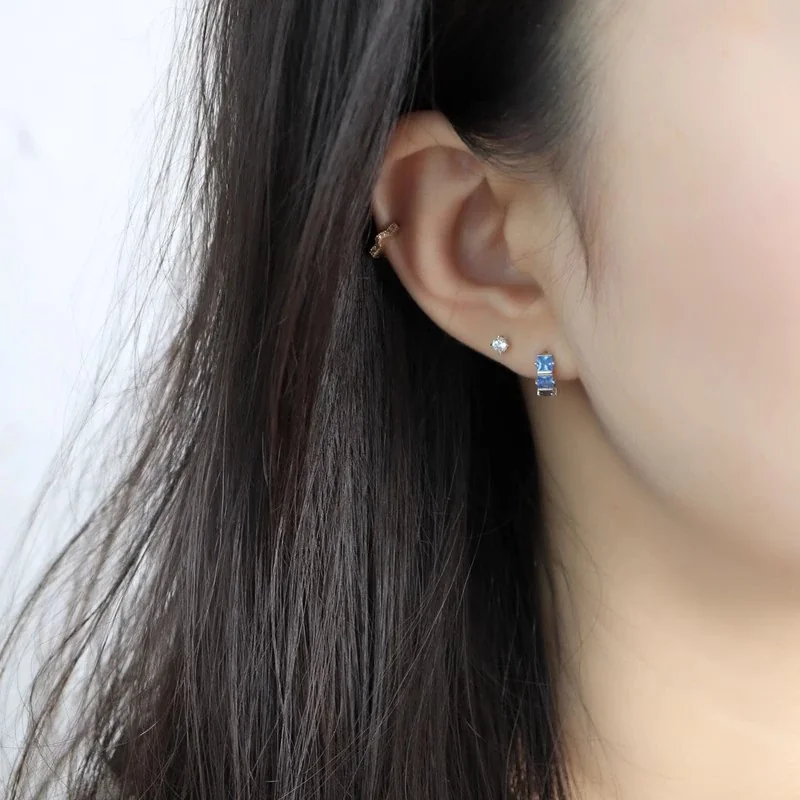 Geometric 925 Sterling Silver Blue Square Stone Hoop Earrings