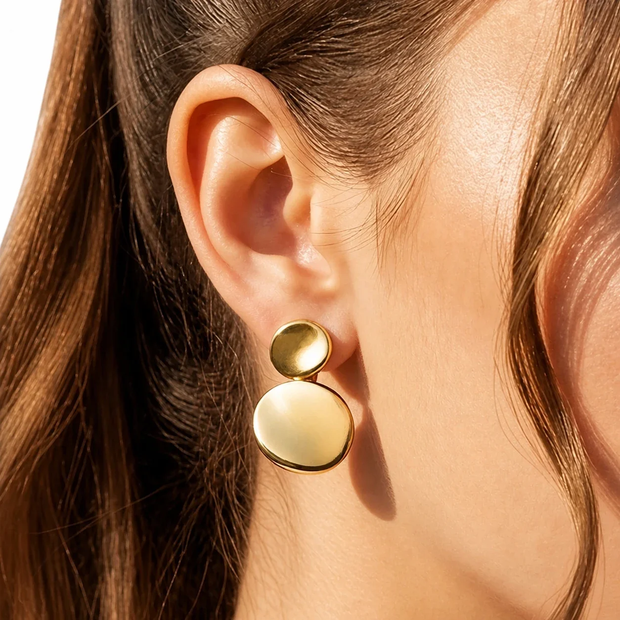 Sculptural Stainless Steel Double Disc Drop Earrings