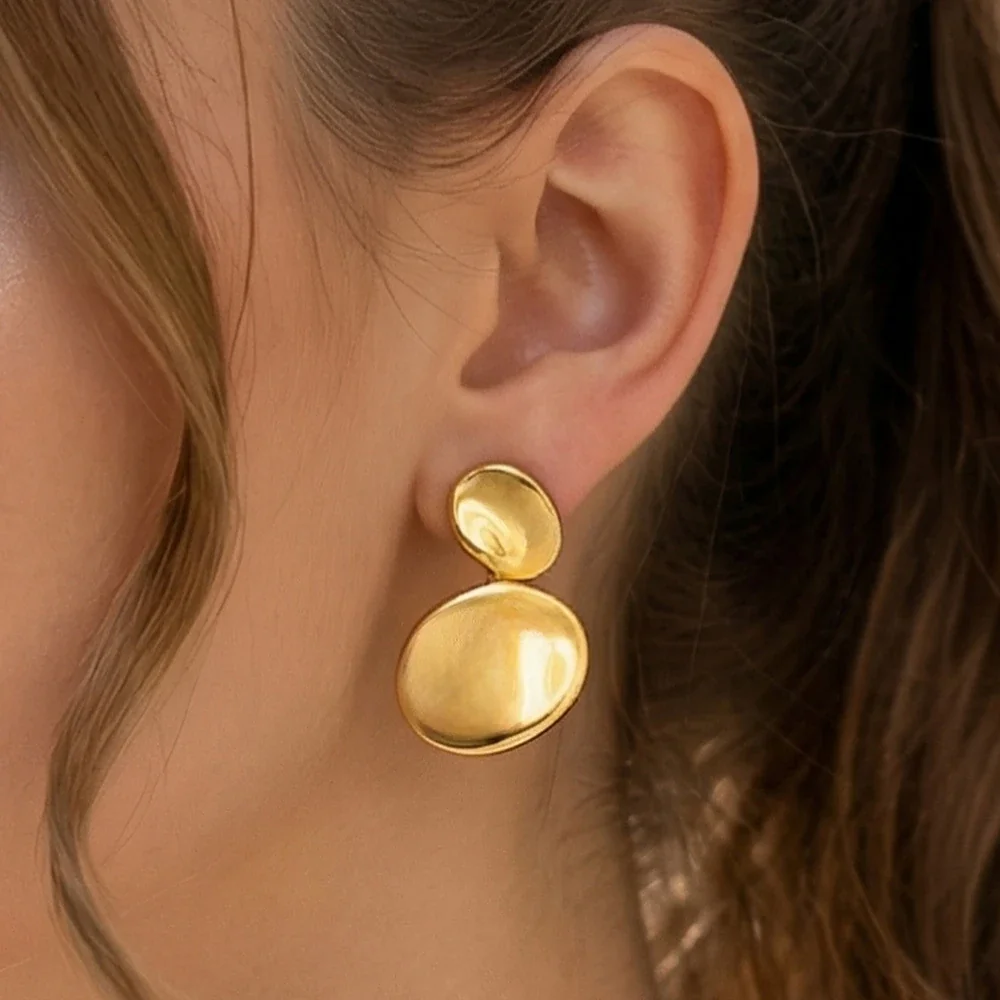 Sculptural Stainless Steel Double Disc Drop Earrings