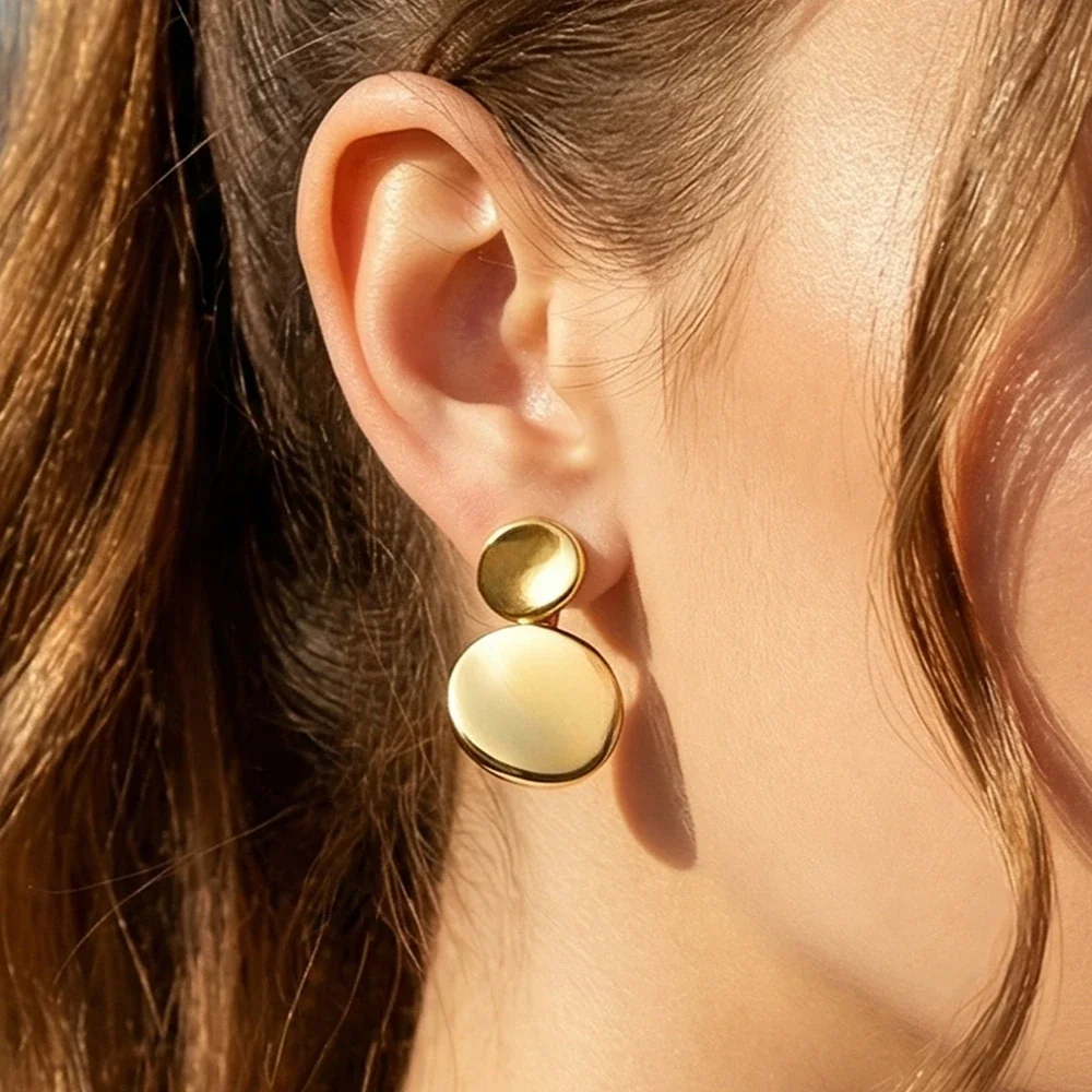 Sculptural Stainless Steel Double Disc Drop Earrings