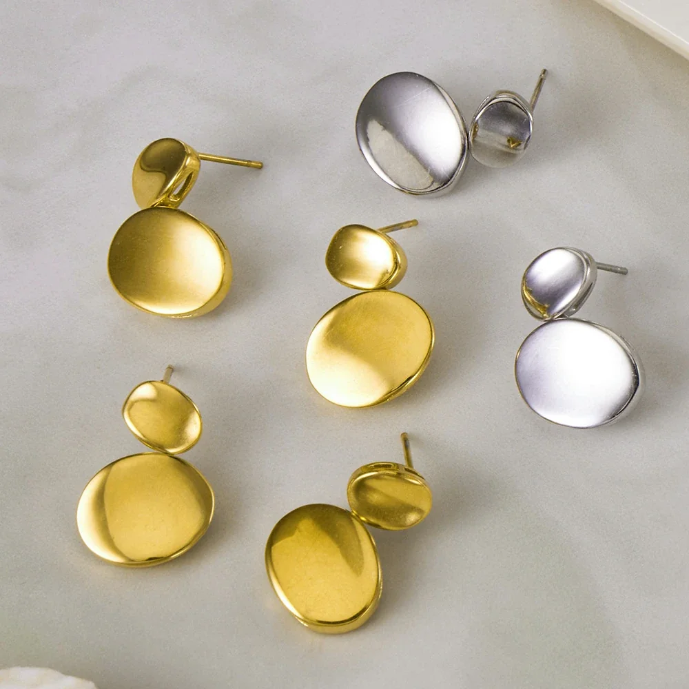 Sculptural Stainless Steel Double Disc Drop Earrings