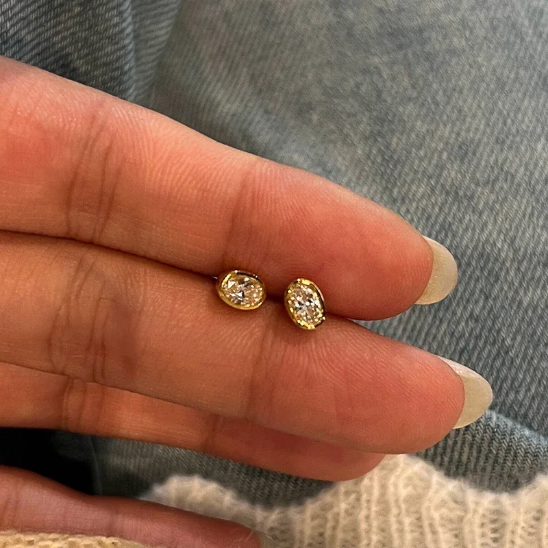 Petite Copper Gold-Plated Oval Bezel Stone Stud Earrings
