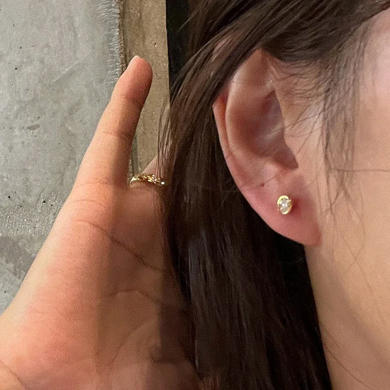 Petite Copper Gold-Plated Oval Bezel Stone Stud Earrings