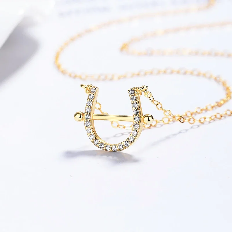 Sparkling 925 Sterling Silver Pavé U-Bar Pendant Necklace