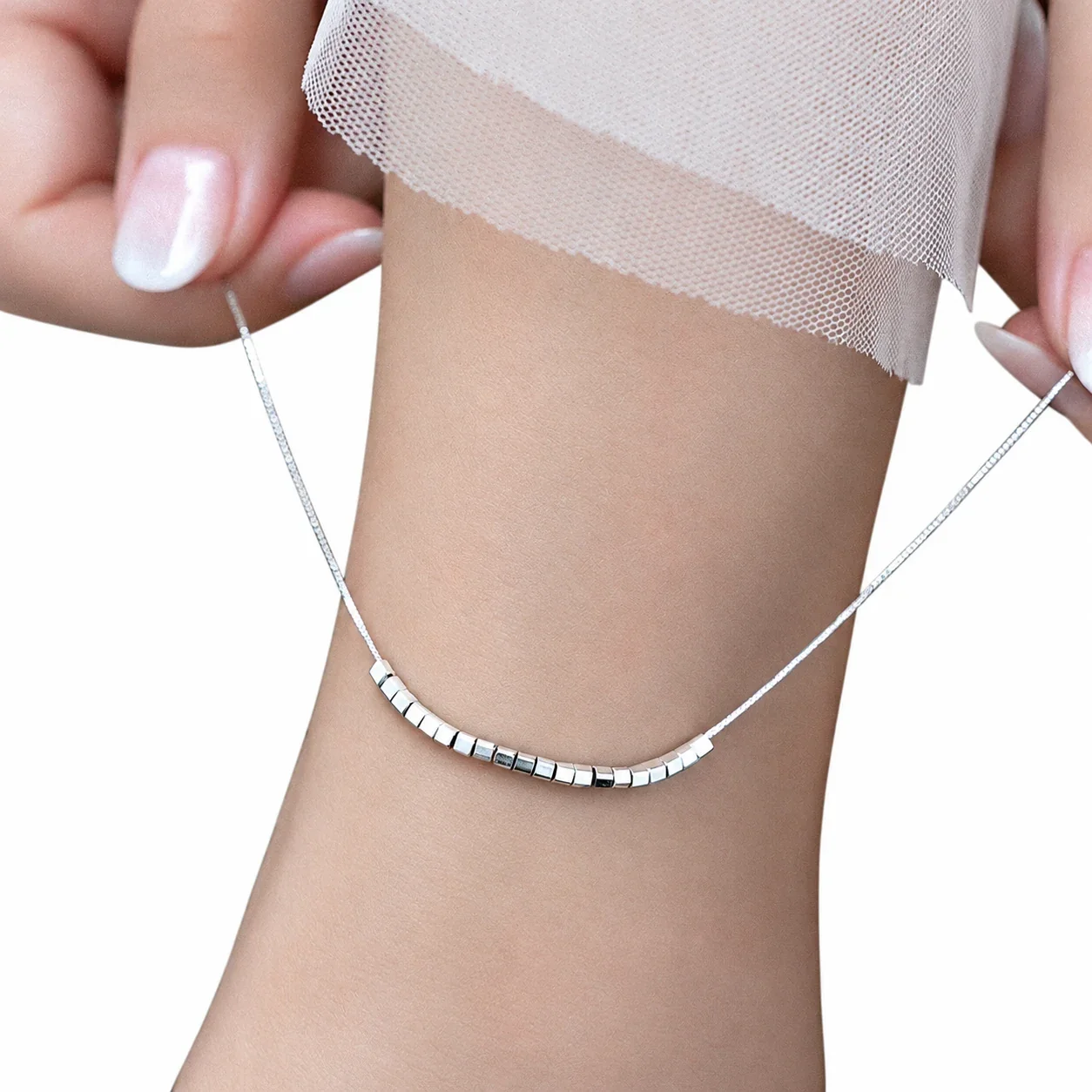 Minimalist 925 Sterling Silver Square Bead Anklet