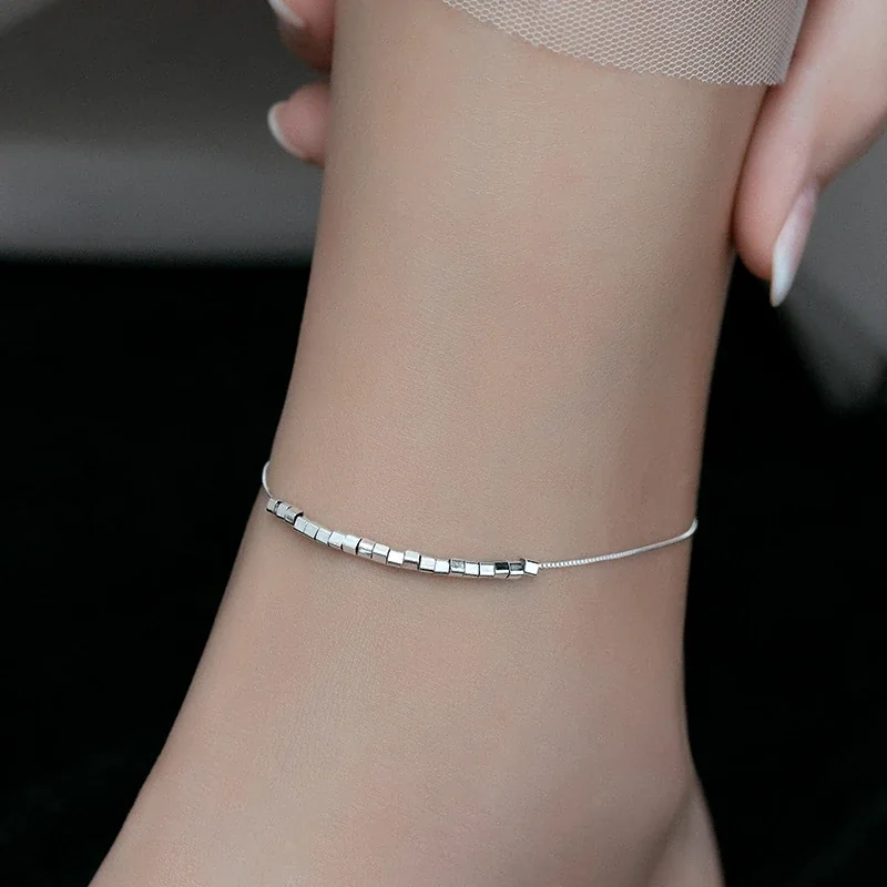Minimalist 925 Sterling Silver Square Bead Anklet