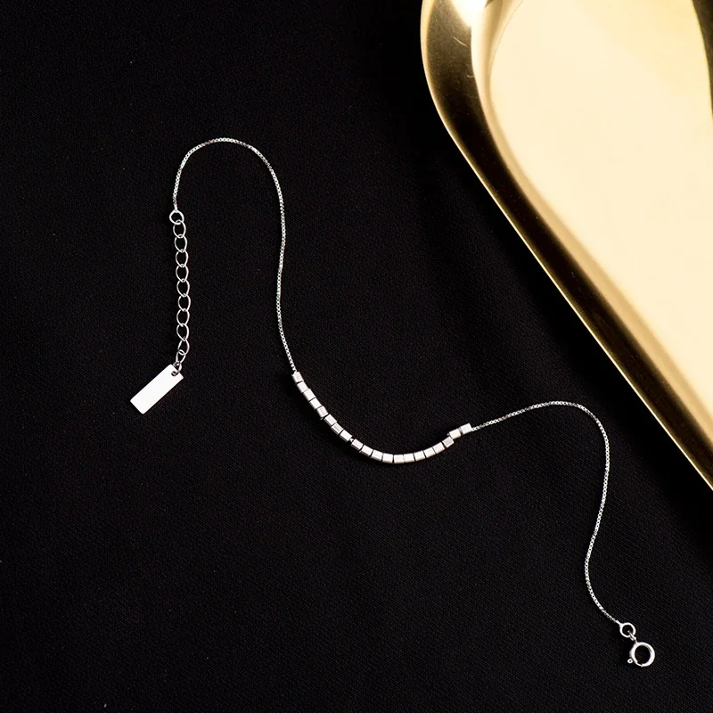 Minimalist 925 Sterling Silver Square Bead Anklet - Silver