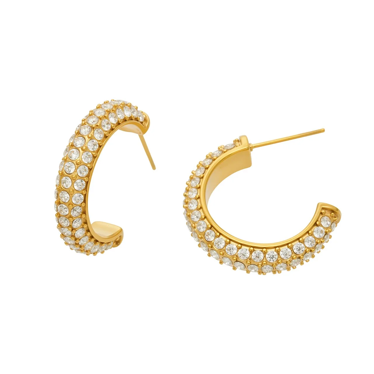 Bold Triple-Row Pavé Round CZ Stainless Steel Hoop Earrings