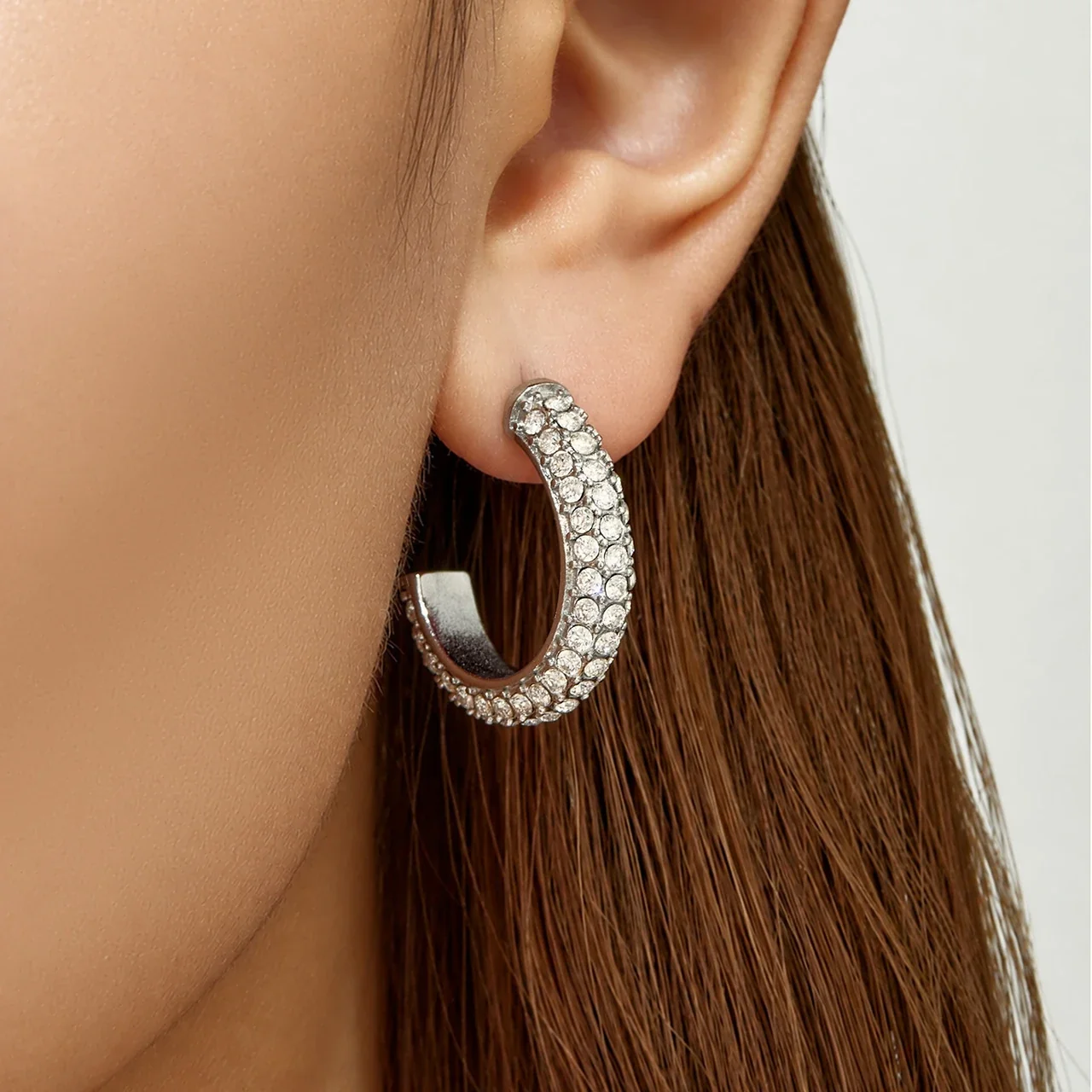 Bold Triple-Row Pavé Round CZ Stainless Steel Hoop Earrings