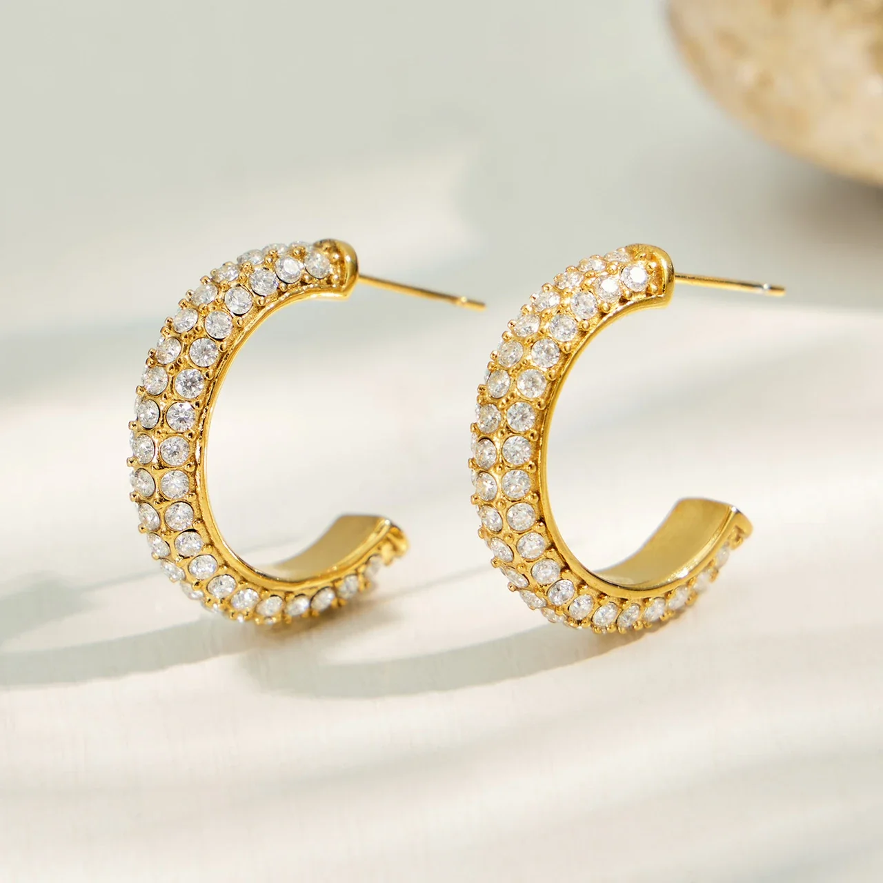 Bold Triple-Row Pavé Round CZ Stainless Steel Hoop Earrings