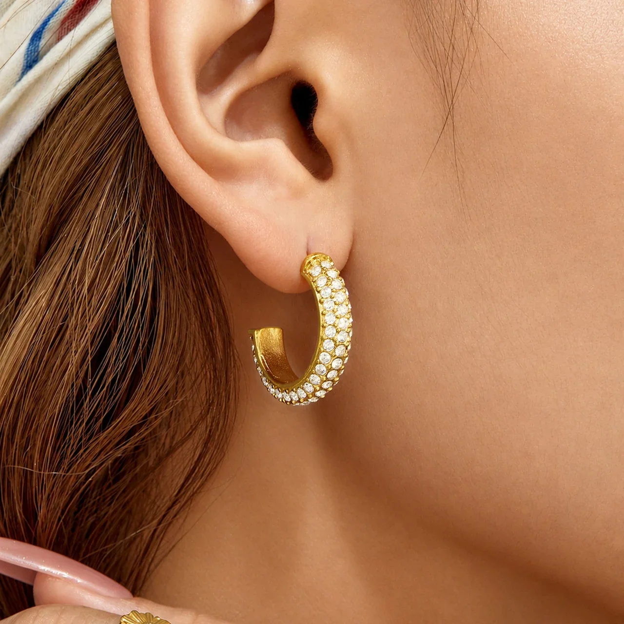 Bold Triple-Row Pavé Round CZ Stainless Steel Hoop Earrings