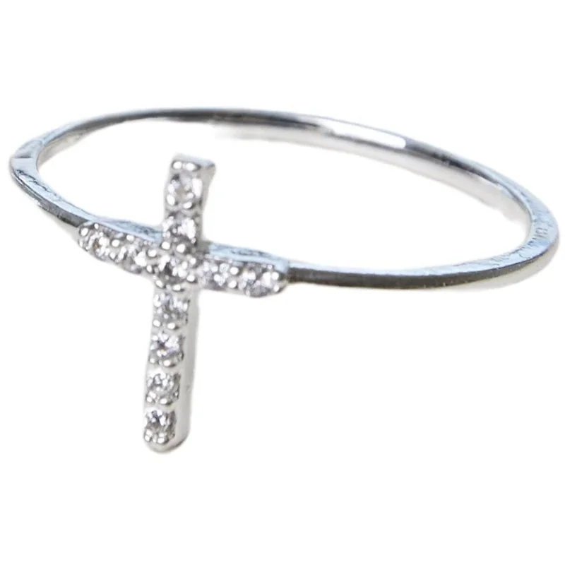 Delicate Silver-Plated Pavé Cross Slim Copper Ring