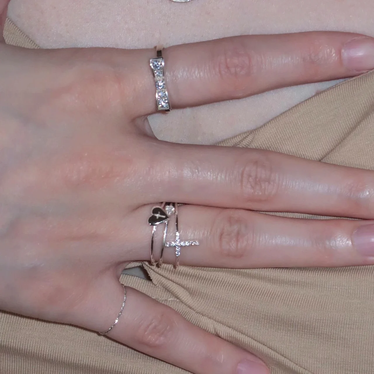 Delicate Silver-Plated Pavé Cross Slim Copper Ring