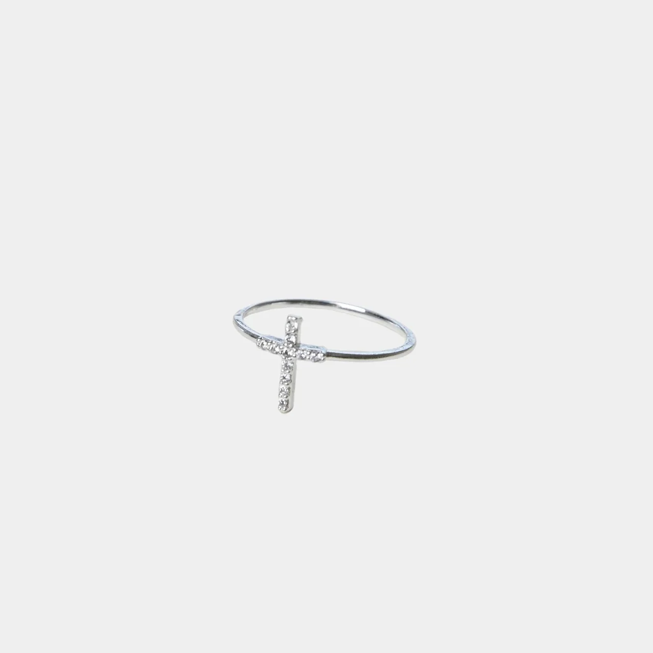 Delicate Silver-Plated Pavé Cross Slim Copper Ring - Silver Cross