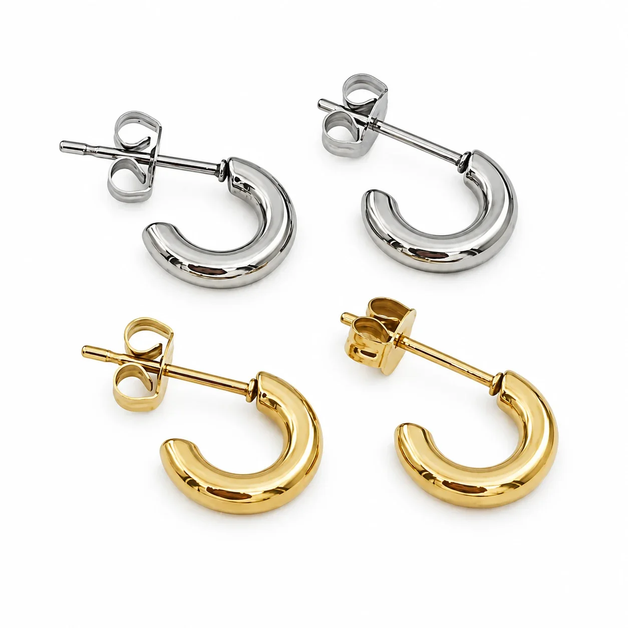 Polished Stainless Steel Thick C-Hoop Stud Earrings