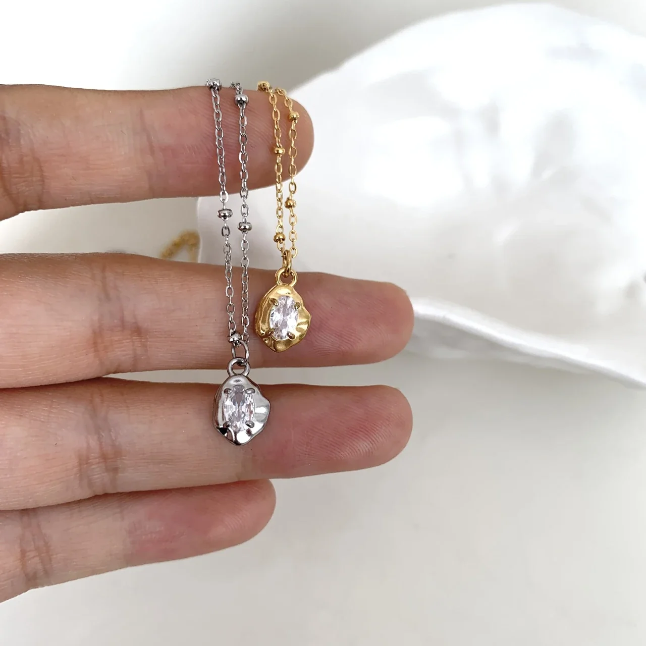 Sculptural Stainless Steel Irregular Oval Stone Necklace