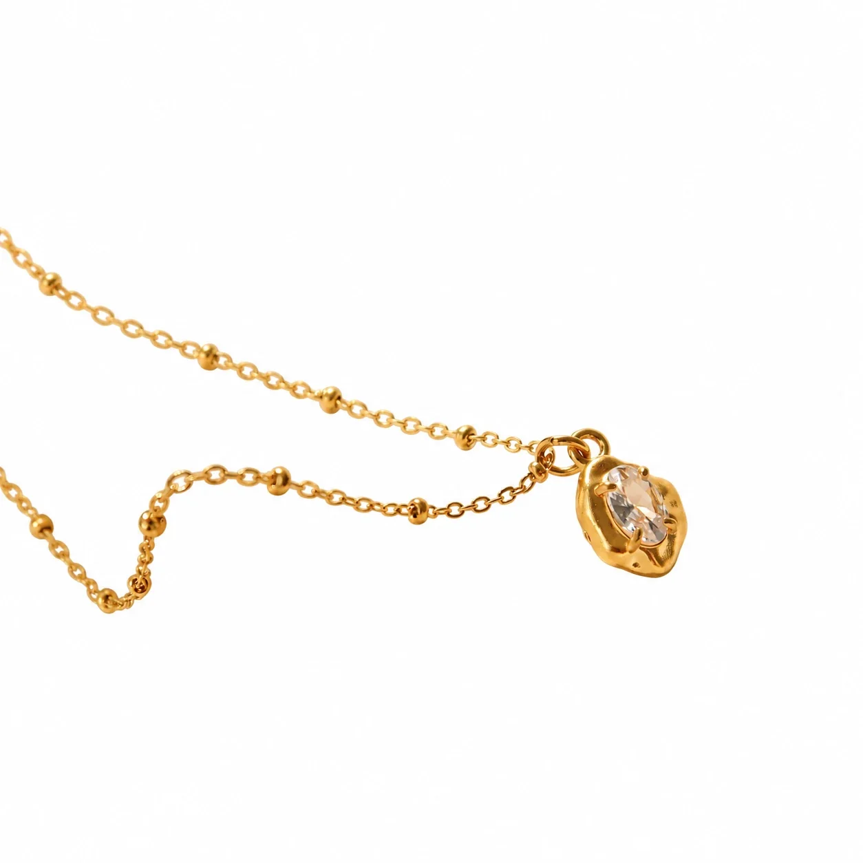Sculptural Stainless Steel Irregular Oval Stone Necklace - Gold Clear Cubic Zirconia