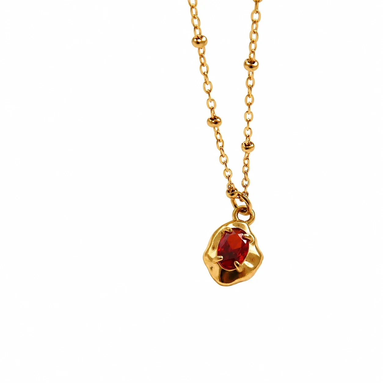 Sculptural Stainless Steel Irregular Oval Stone Necklace - Gold Red Cubic Zirconia