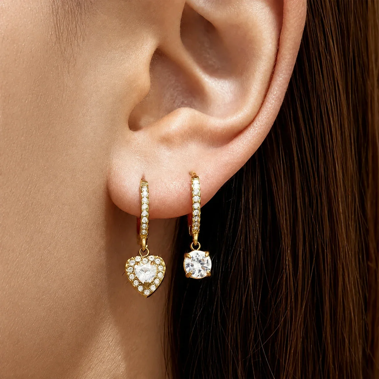 Dainty Gold-Plated Pavé Hoop Heart CZ Stainless Steel Earrings