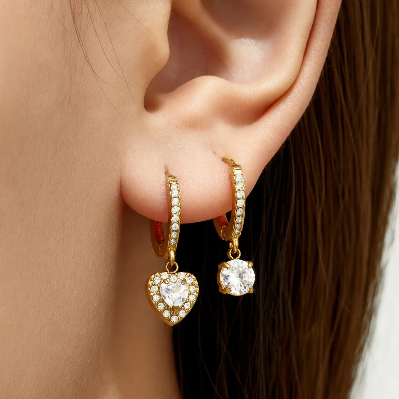 Dainty Gold-Plated Pavé Hoop Heart CZ Stainless Steel Earrings