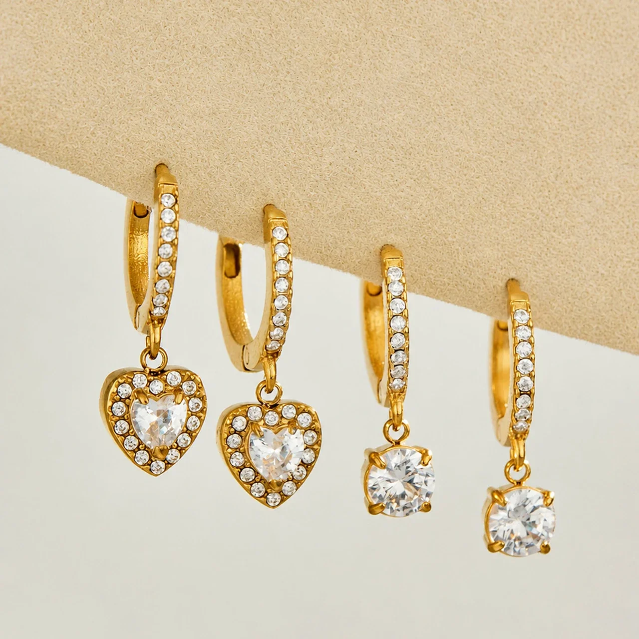 Dainty Gold-Plated Pavé Hoop Heart CZ Stainless Steel Earrings