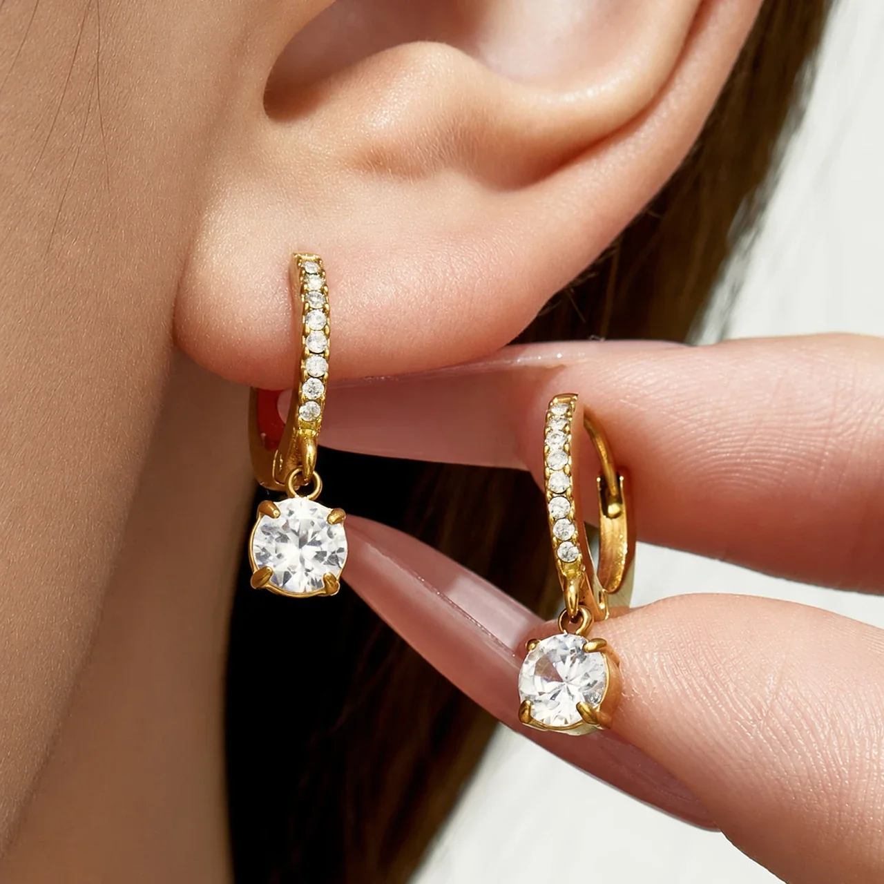 Dainty Gold-Plated Pavé Hoop Heart CZ Stainless Steel Earrings