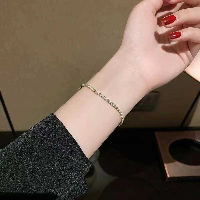 Dainty 925 Sterling Silver Round CZ Line Bracelet - Gold