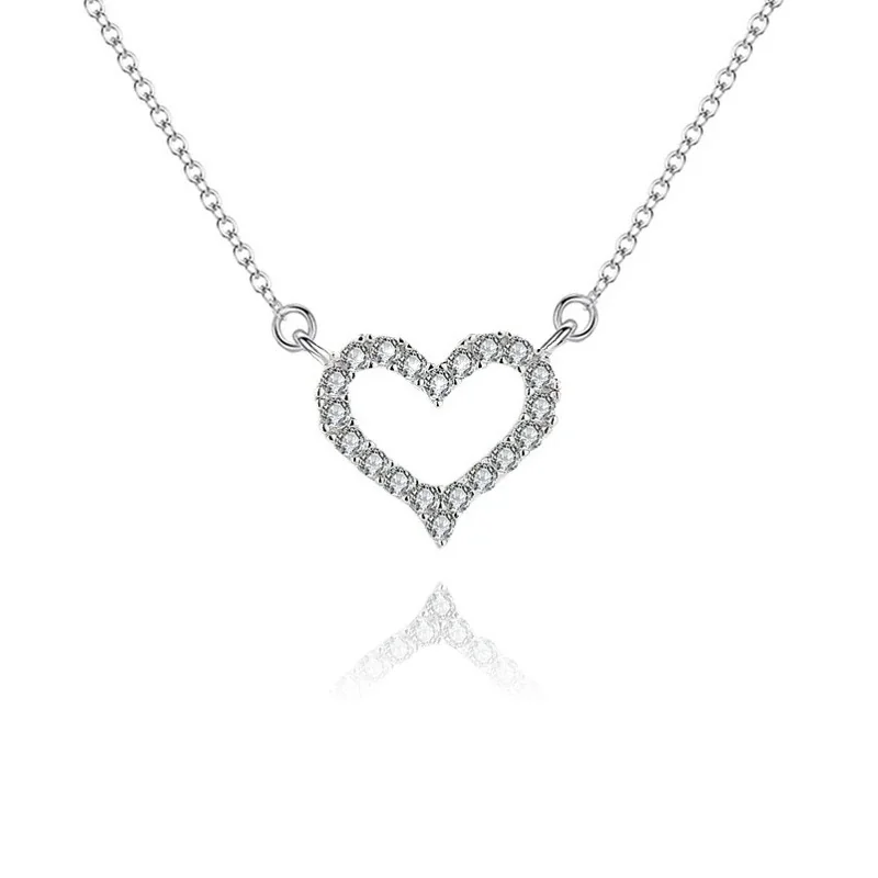 Delicate Polished Open Heart Pavé 925 Sterling Silver Necklace