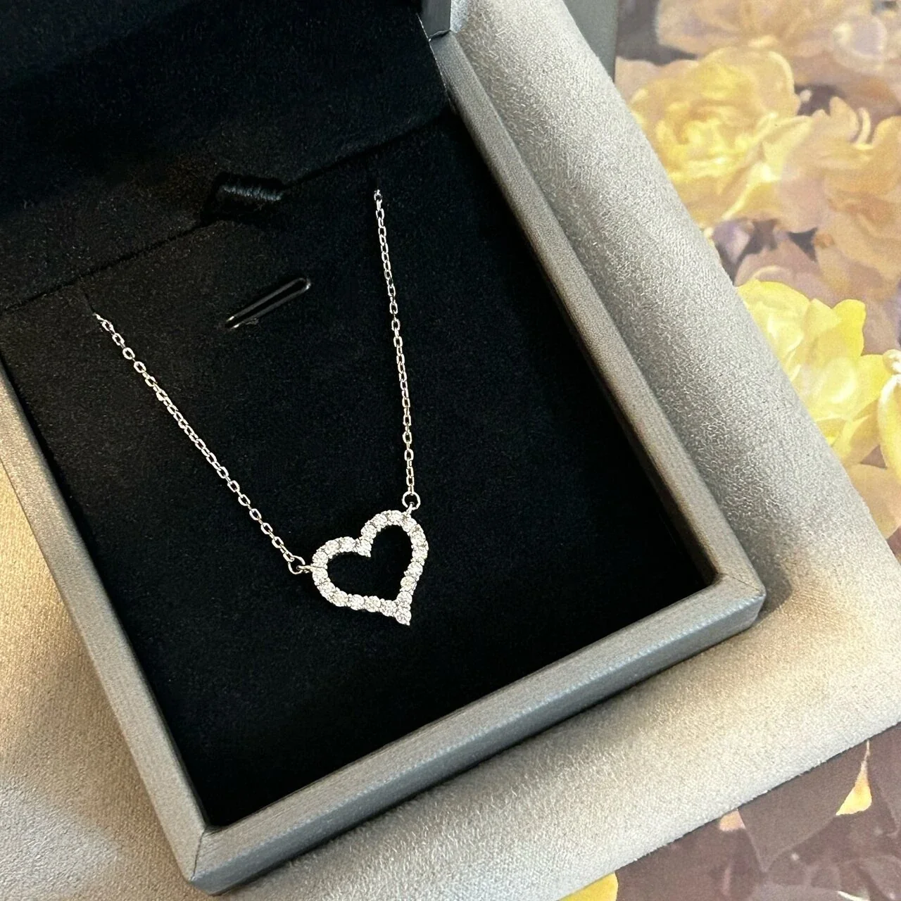 Delicate Polished Open Heart Pavé 925 Sterling Silver Necklace