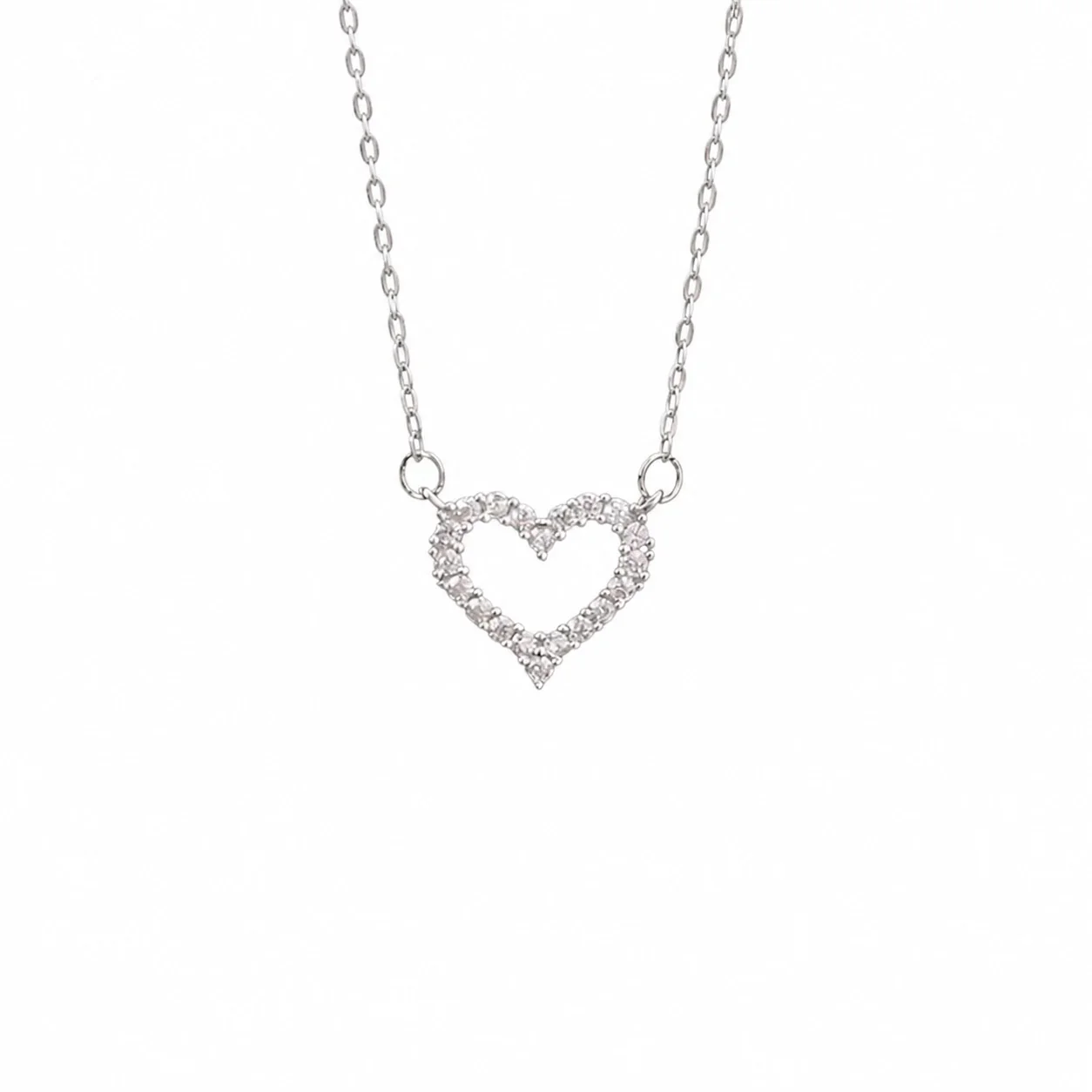 Delicate Polished Open Heart Pavé 925 Sterling Silver Necklace