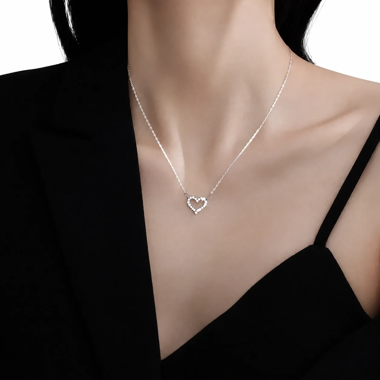 Delicate Polished Open Heart Pavé 925 Sterling Silver Necklace