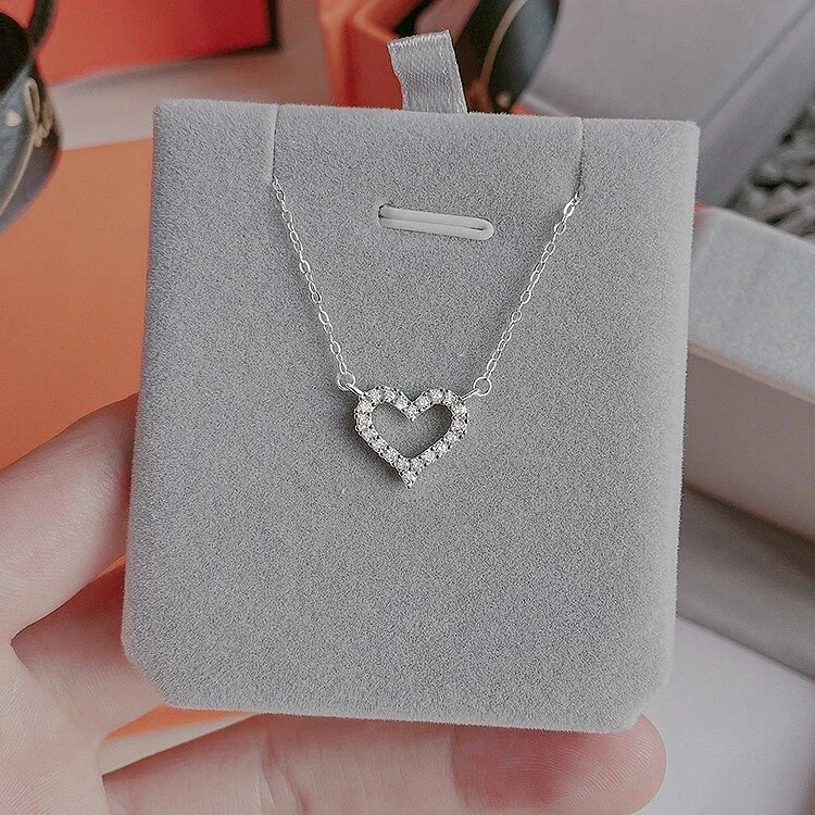 Delicate Polished Open Heart Pavé 925 Sterling Silver Necklace