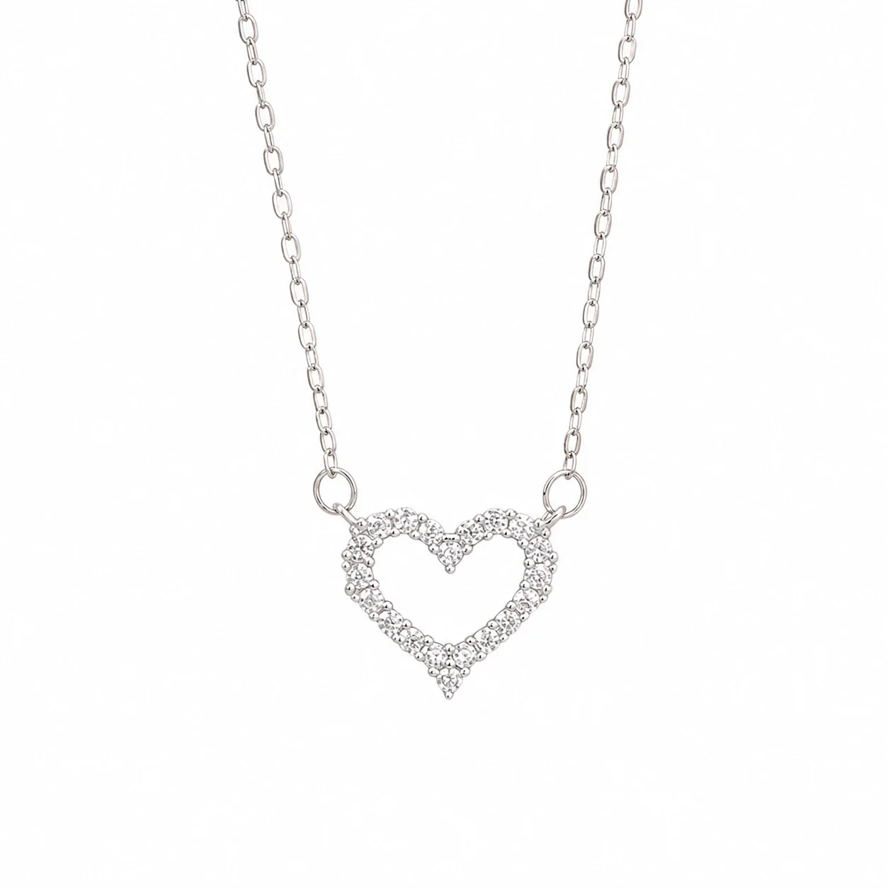 Delicate Polished Open Heart Pavé 925 Sterling Silver Necklace - Silver