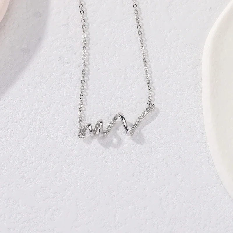 Sculptural Wave 925 Sterling Silver Pavé CZ Necklace - Silver