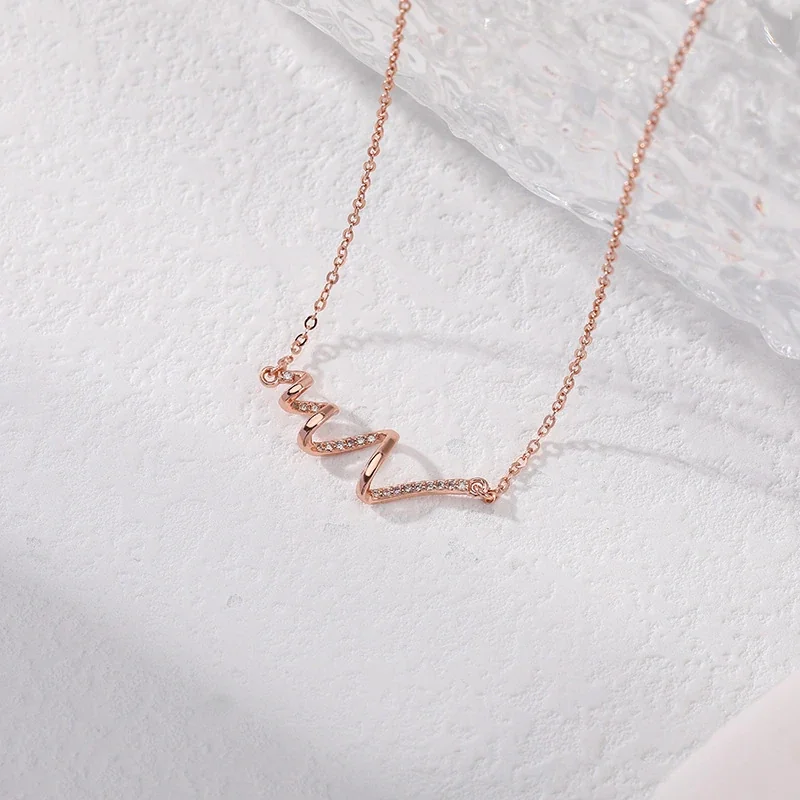 Sculptural Wave 925 Sterling Silver Pavé CZ Necklace - Rose Gold